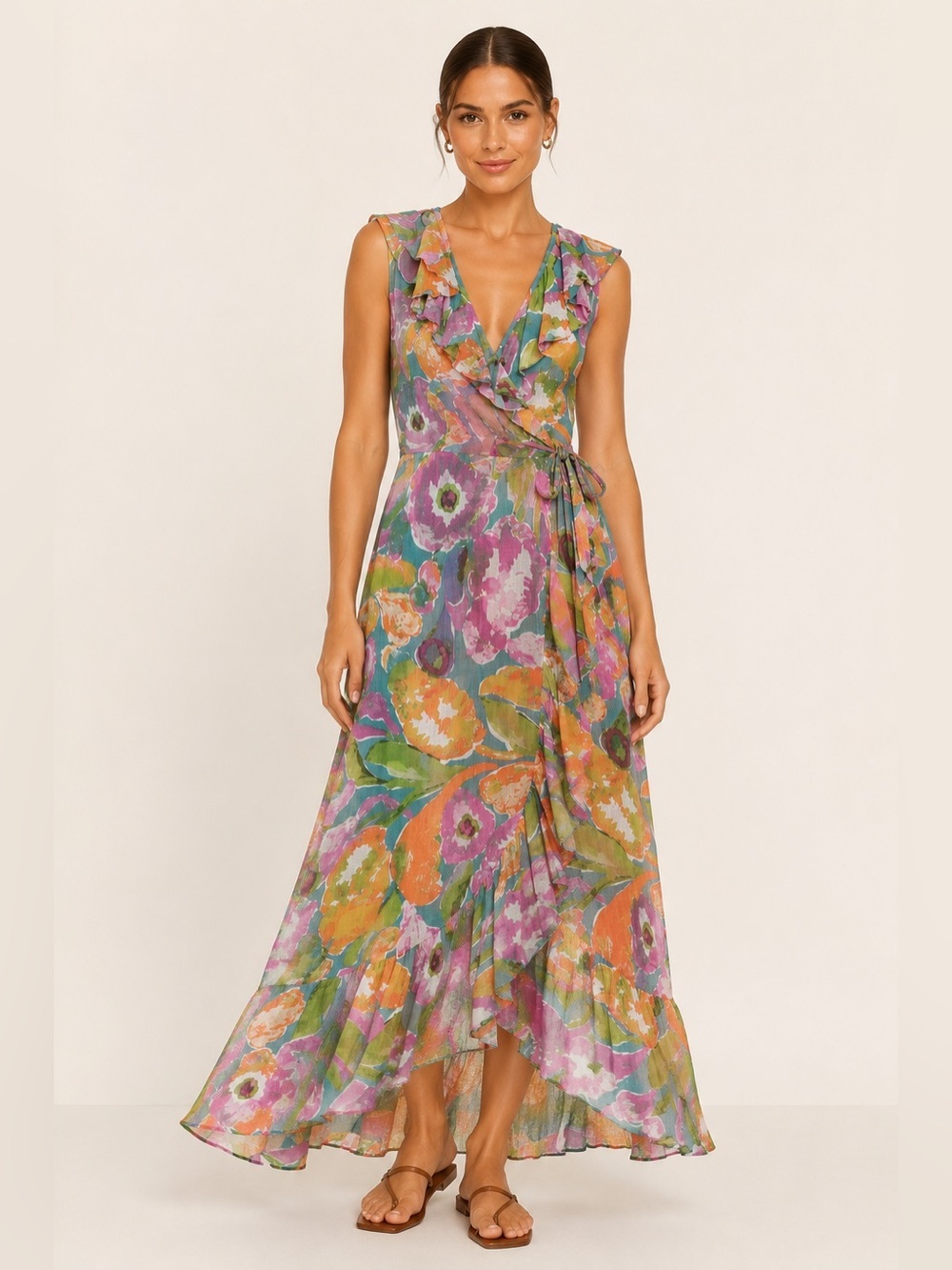 Banjanan True Wrap Cotton Voile Floral Maxi Dress Small Resort